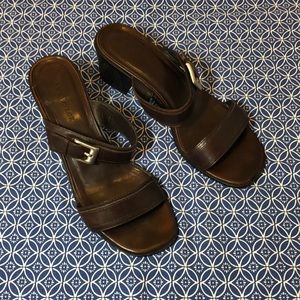 Ann Taylor brown leather sandals with heels and buckles, size 9